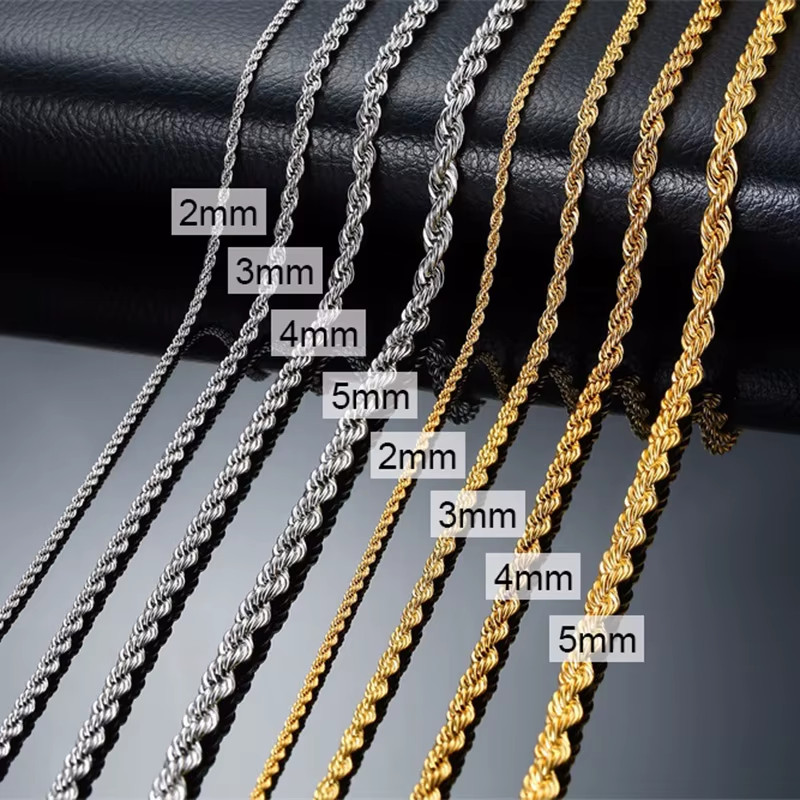 Rope Twisted Chain Necklace for Men Women,Gold Silver Color Stainless Steel Chai