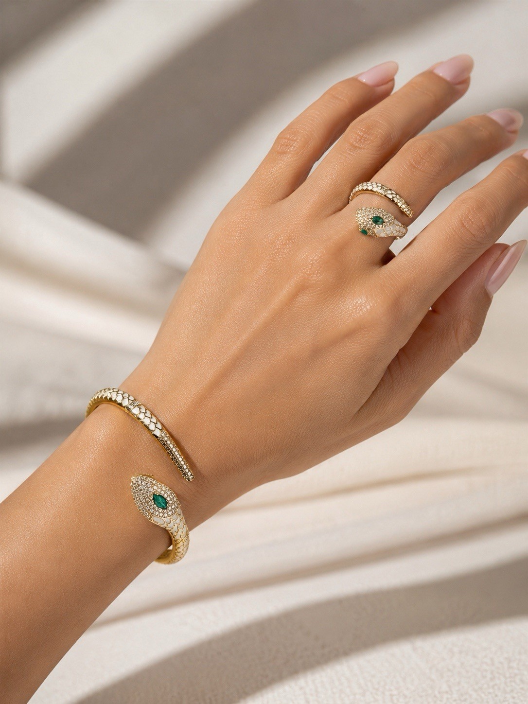 Gold Tone Snake Adjustable Cuff Bangle Bracelet Green Marquise Crystal Eyes