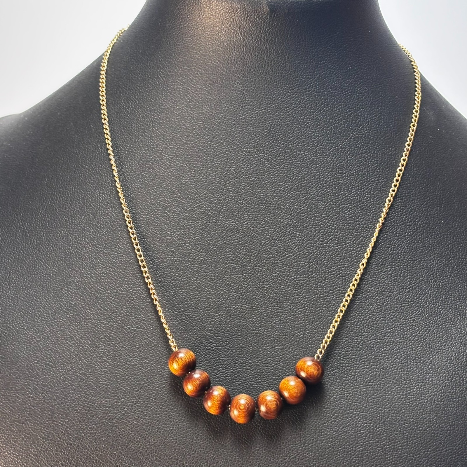 Emmons Necklace Brown Wood Bead Gold Tone Curb Chain Vintage Boho