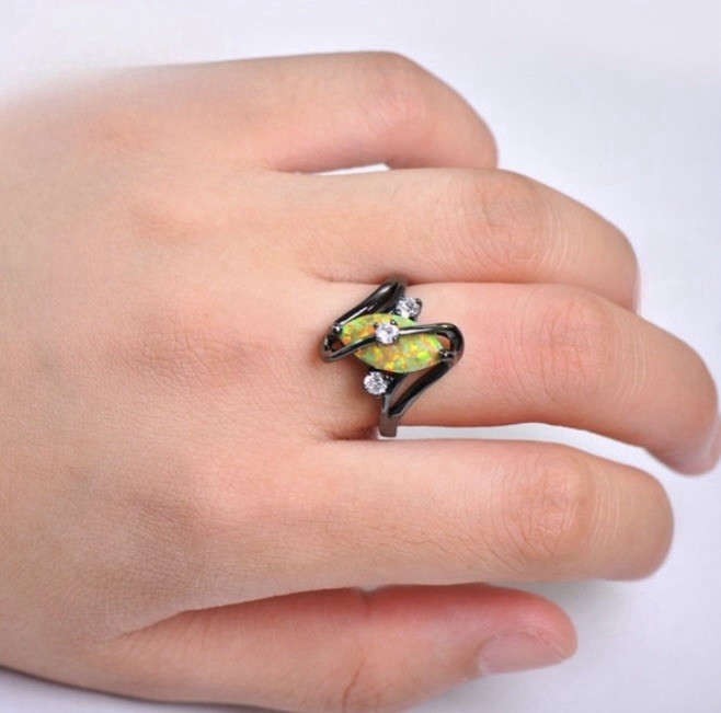 Gorgeous Unique Black Gold Filled Yellow Fire Opal CZ Marquise Ring Size 6