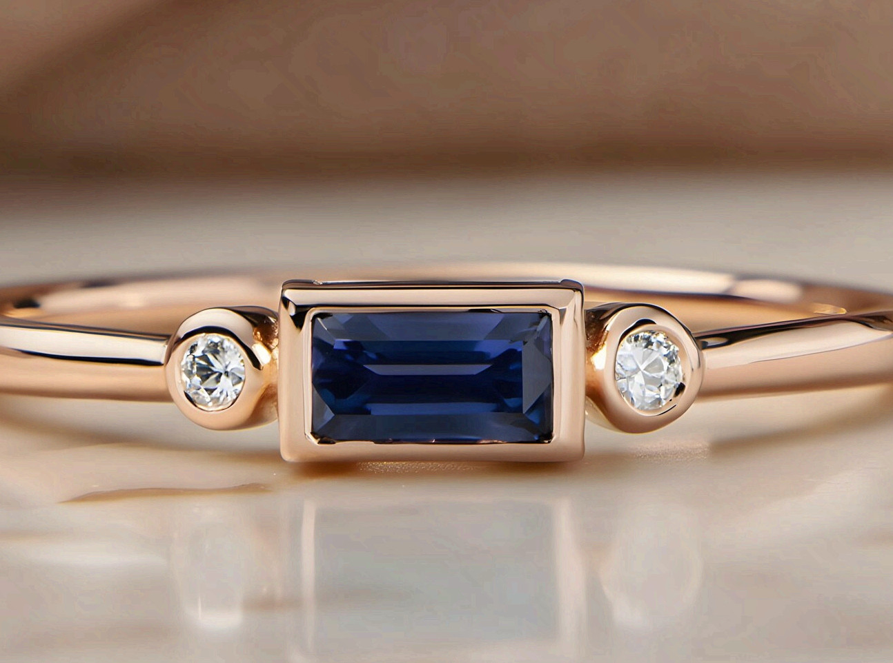 Rose Gold Copper Minimalist Ring Blue Cubic Zirconia Baguette Band