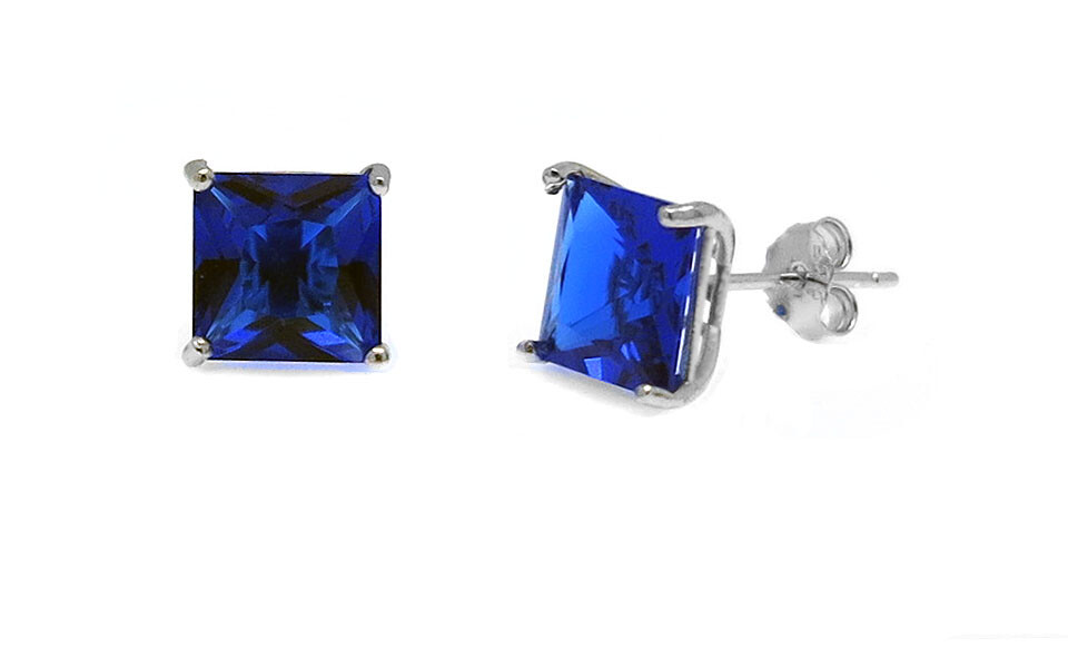 925 Sterling Silver Princess Cut Sapphire Cubic Zirconia Stud Earrings Women’s