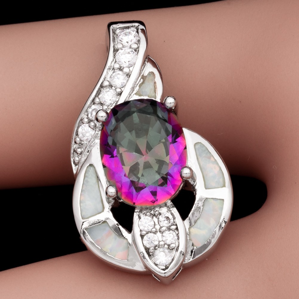 8×10 Oval Mystic Topaz White Fire Opal Silver Jewelry Women Necklace Pendant