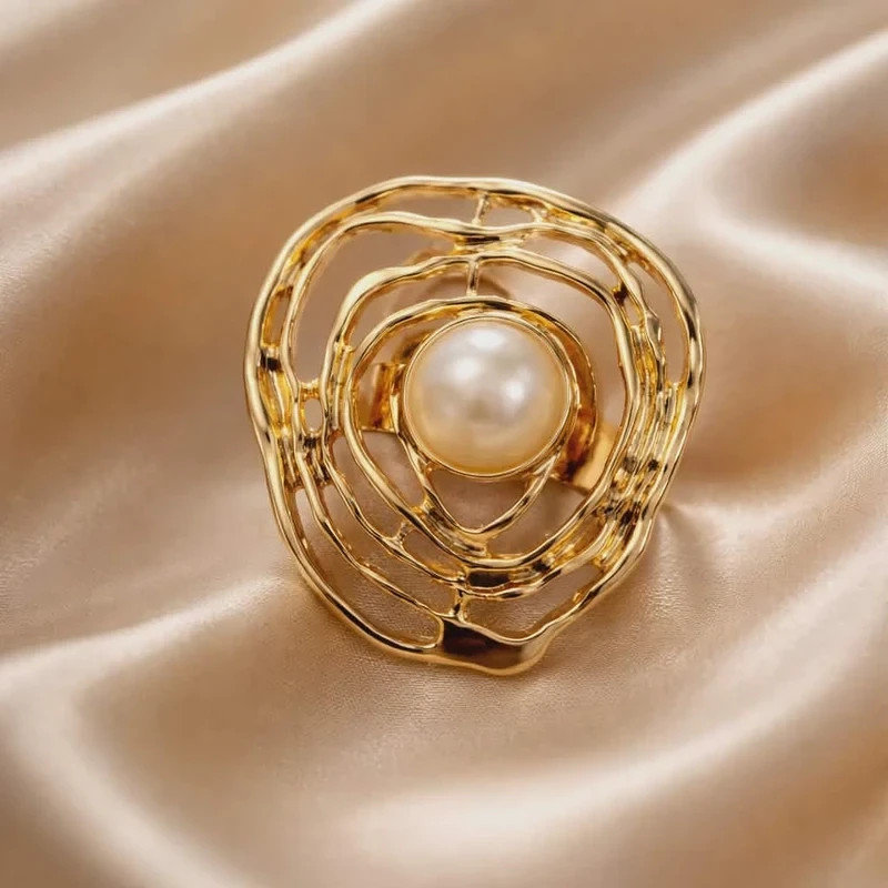 KC Gold Plated White Pearl Adjustable Ring Beauty Gift