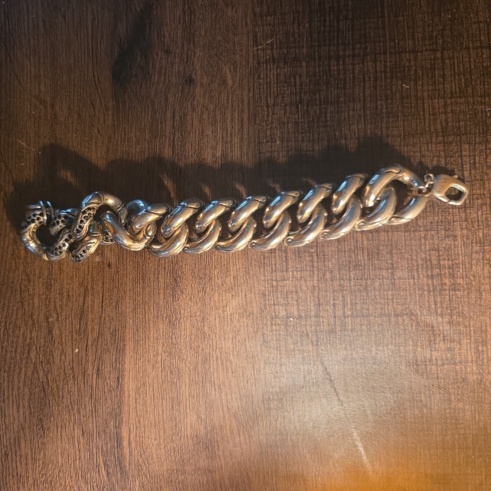 St John Chunky Link Bracelet Silver Tone W/Black Crystals Lobster Claw Clasp