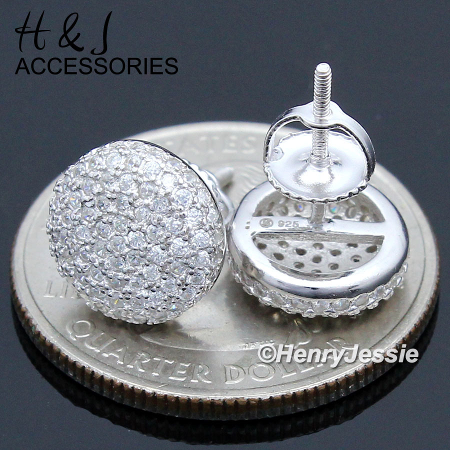 925 STERLING SILVER 10MM ICY BLING CZ ROUND SCREW BACK SILVER STUD EARRING*E144