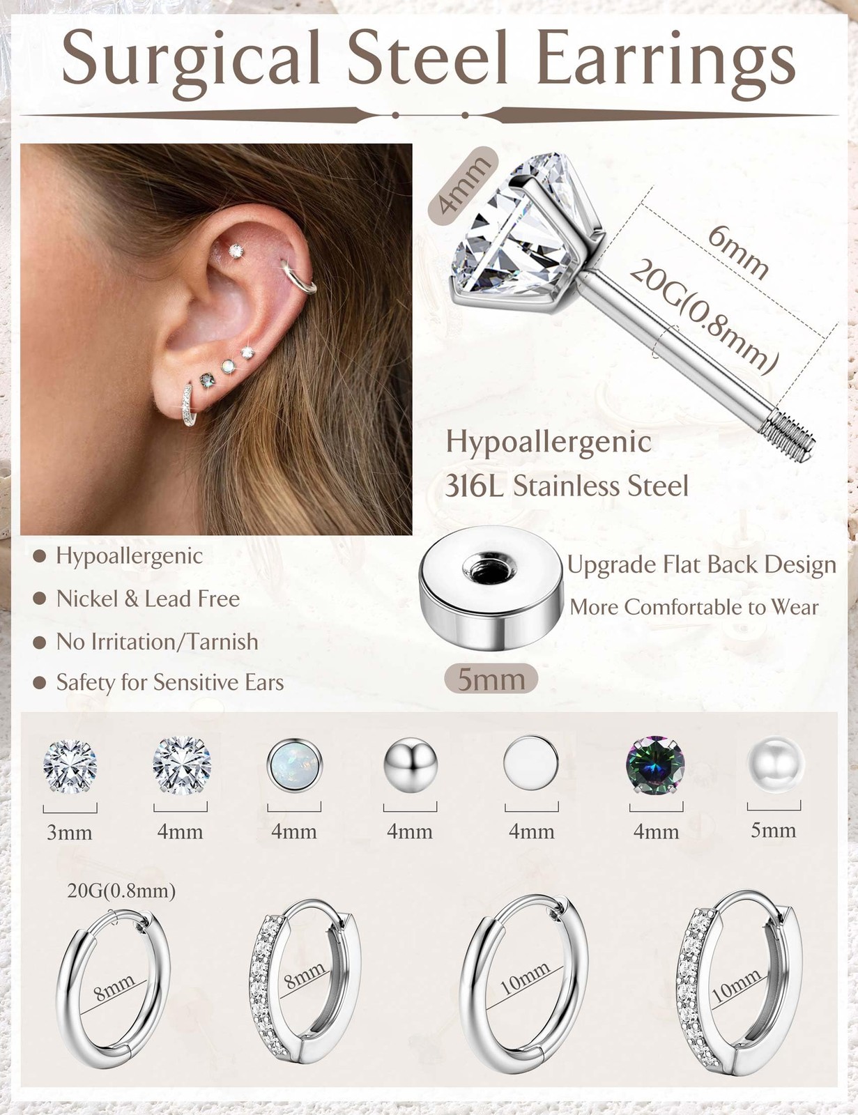 Jstyle Hypoallergenic Silver Stud Hoop Earrings for 6mm x 5mm, Tone
