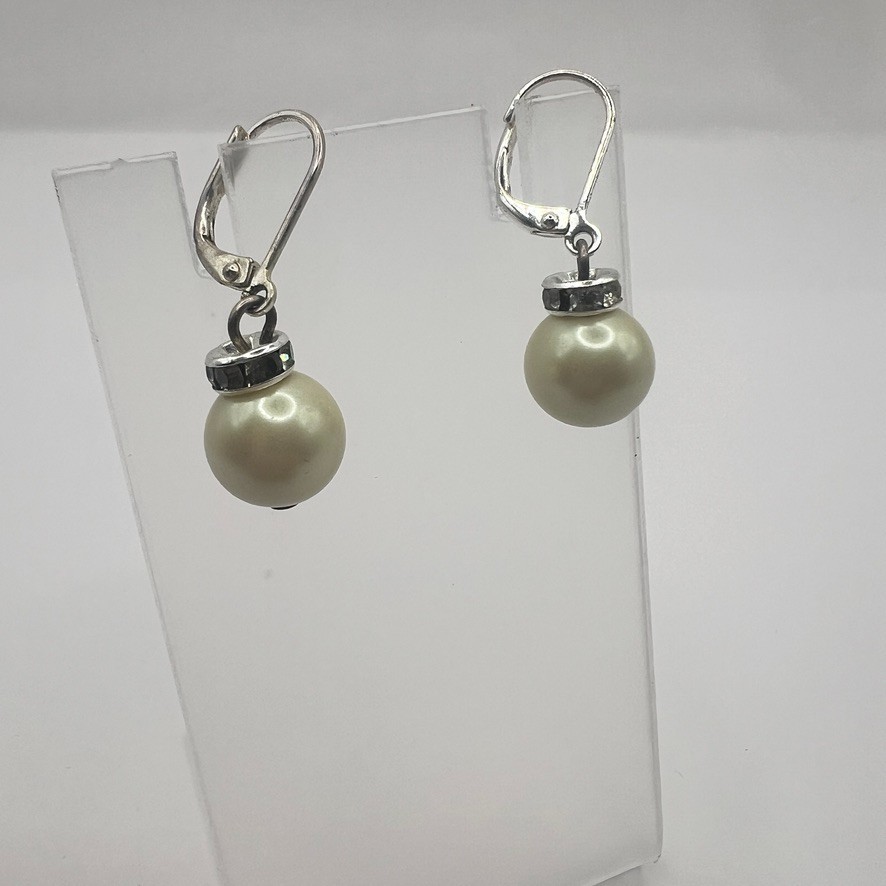 Elegant Pearl Drop Leverback Earrings Rhinestone Rondelles Accents Silver Bridal