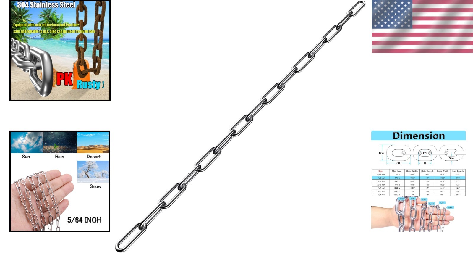 6.5ft Stainless Steel Chain for Home Outdoor Camping