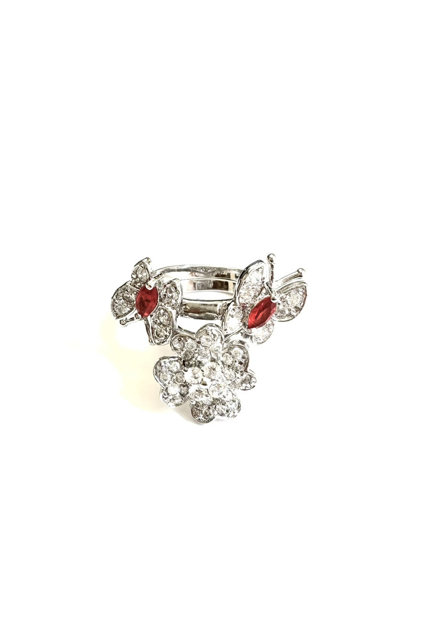 (SIZE 6,7,8,9) HINGED RING Butterflies Flower Red CZ Stones .925 STERLING SILVER