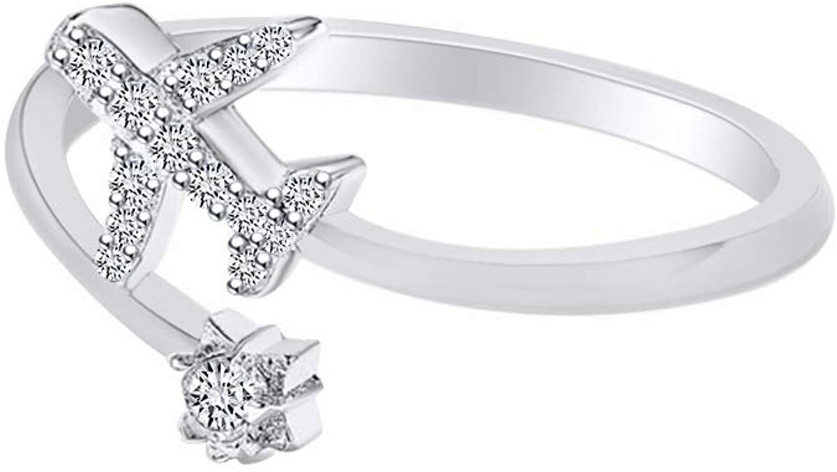 Simulated Round Diamond Adjustable Aeroplane Ring 14k White Gold Plated Silver