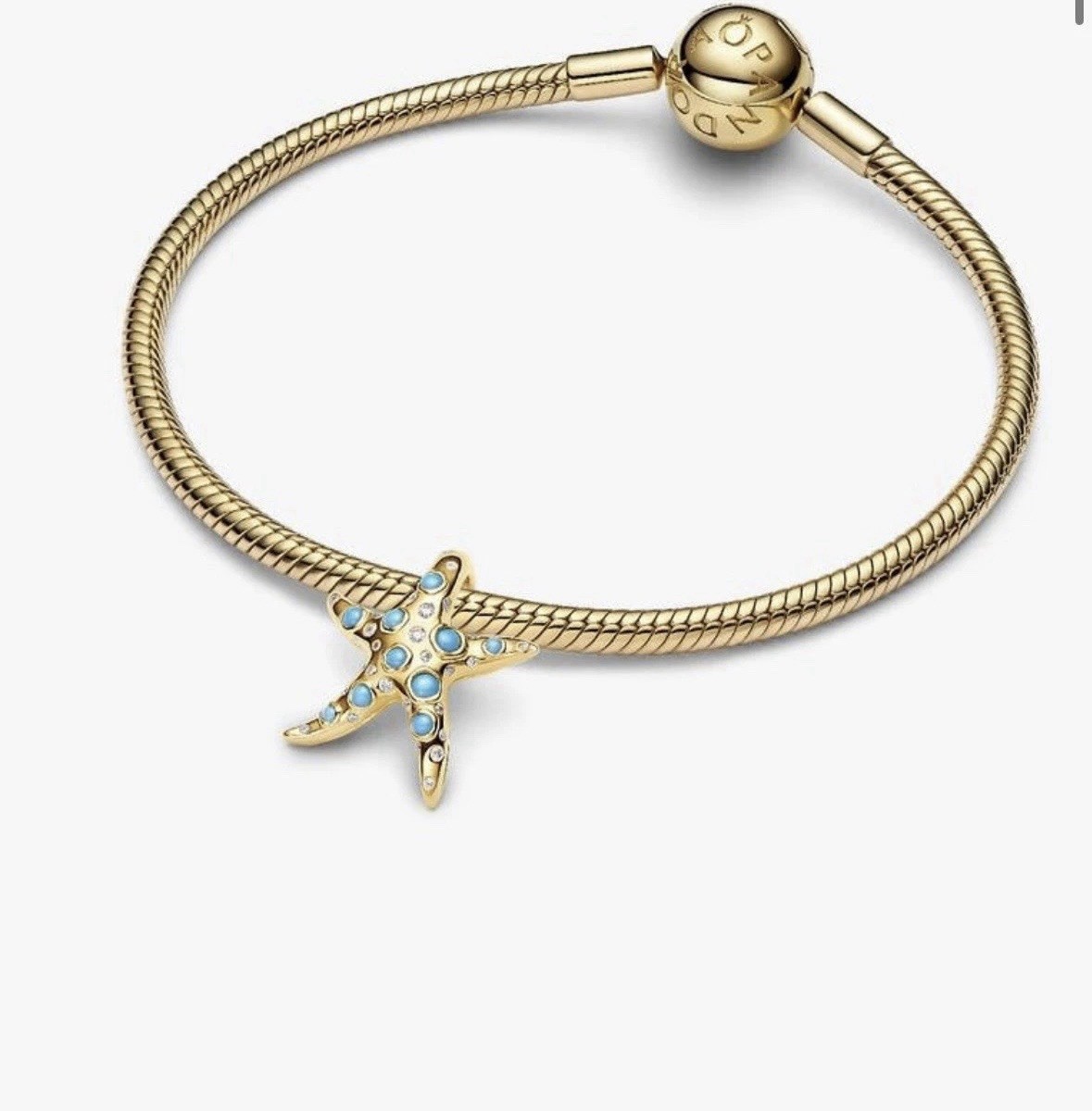 New 100% Authentic PANDORA 14k Gold Pl Sparkling Blue Starfish Charm 763818C01