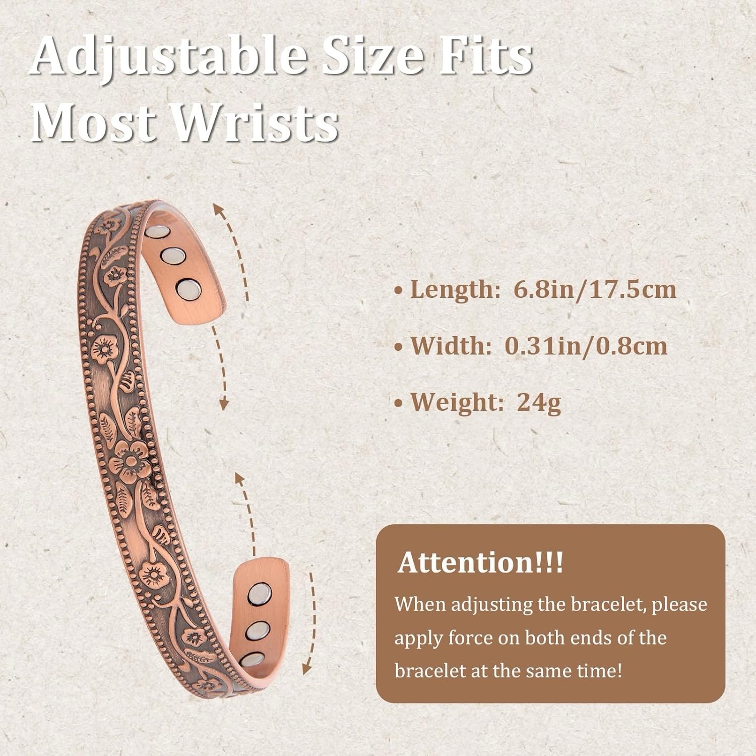 Copper Magnetic Therapy Bracelet High Power Pain Arthritis Magnets 99.9% Copper