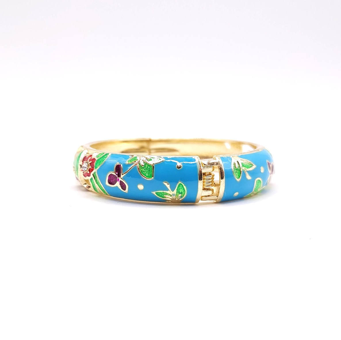 18K Gold Plated Floral Enamel Bangle Pastel Blue Red Green Rhinestone Bracelet