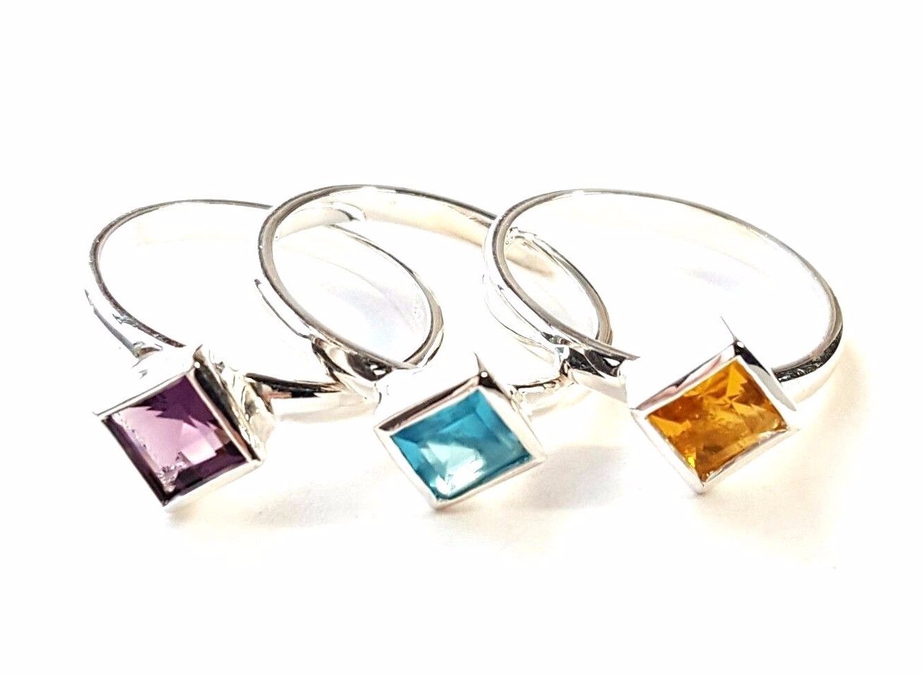 (SIZE 5,6,7,8,9) 3 STACK RINGS Cubes Amethyst Aquamarine .925 STERLING SILVER