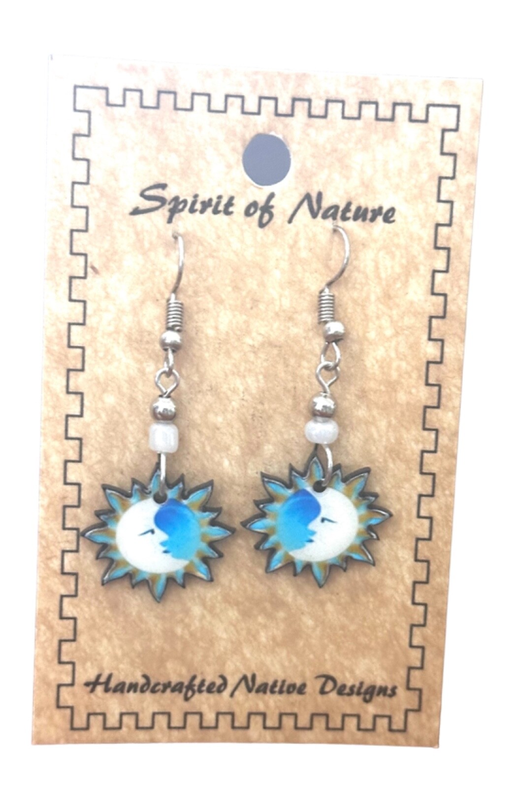Spirit of Nature Earrings SUN & Moon with faces -blue white -french wire