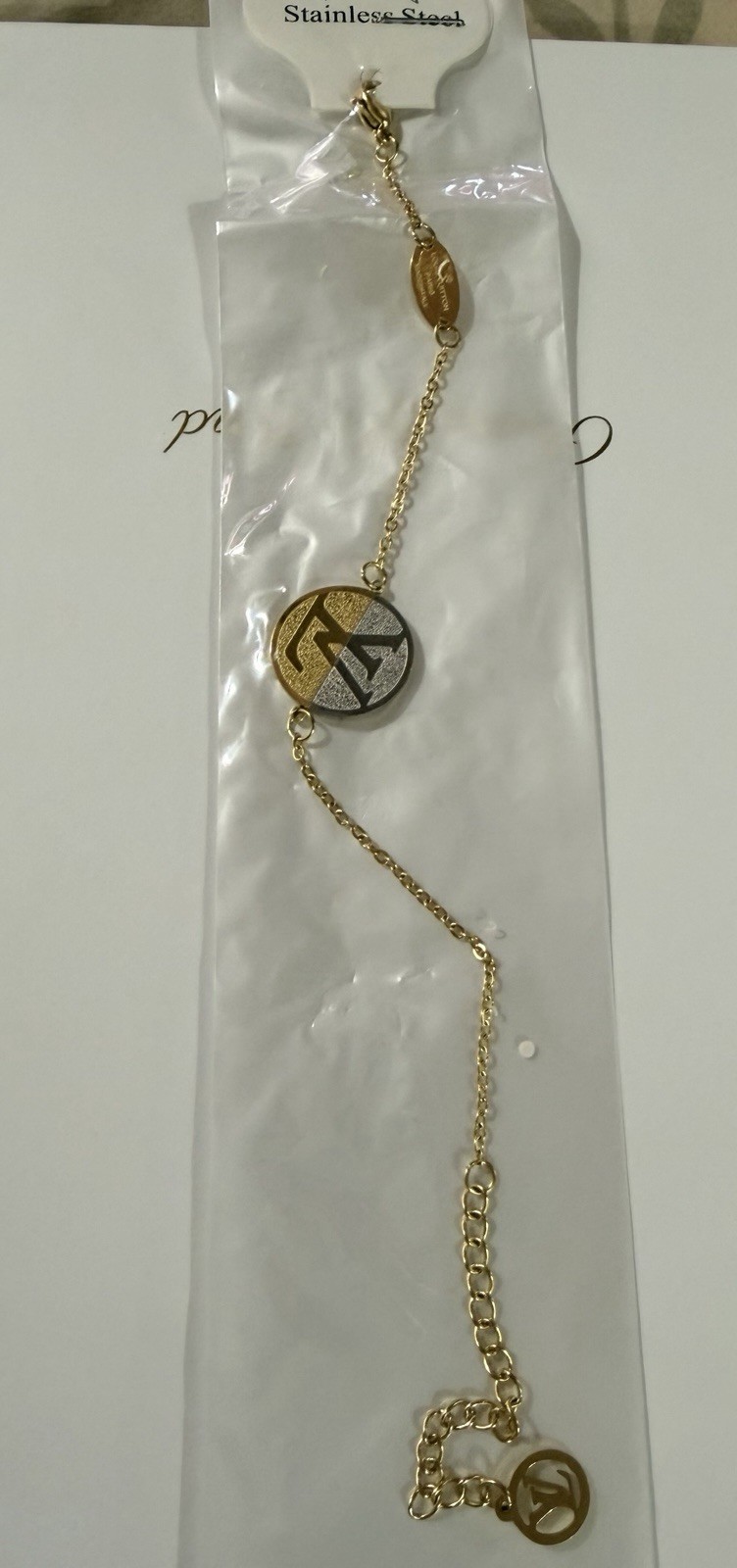 Stainless Steel Gold Tone Cable Chain Charm Bracelet Round Dangle Lobster Clasp