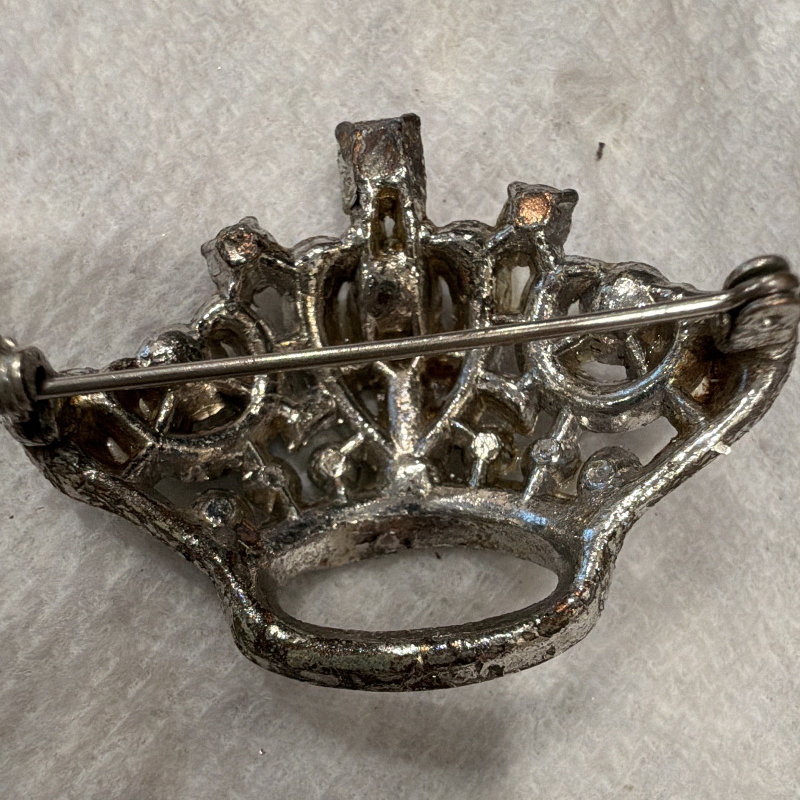 Silver Tone Crown Brooch Pin w/ Clear & Purple Crystal Rhinestones