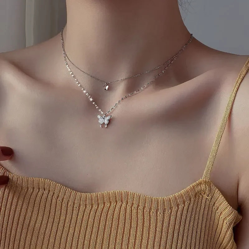New Shiny Silver Colour Butterfly Necklace Ladies Exquisite Double Layer Clavicl
