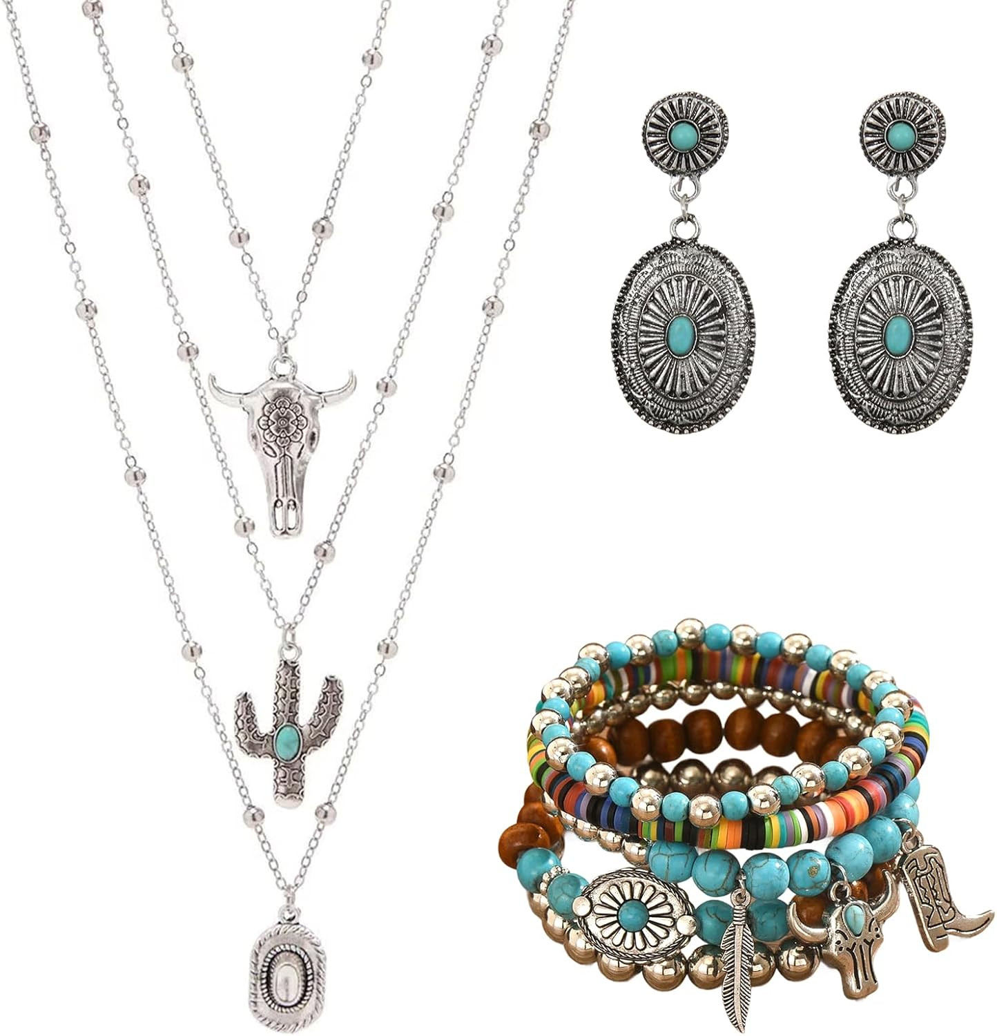 3PCS Western Jewelry for Women Bohemian Set,Boho Vintage Layered Necklace Dangle