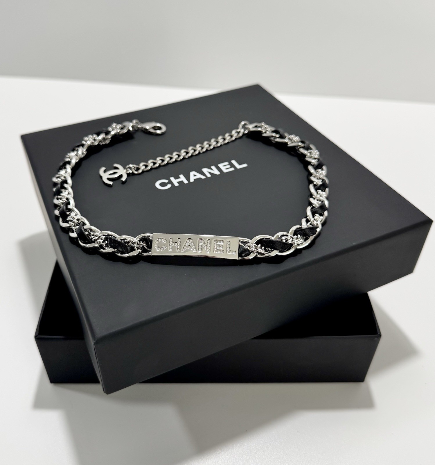 Chanel Necklace Black Leather Chain Crystal CC Choker 26C Authentic W/Box NWT