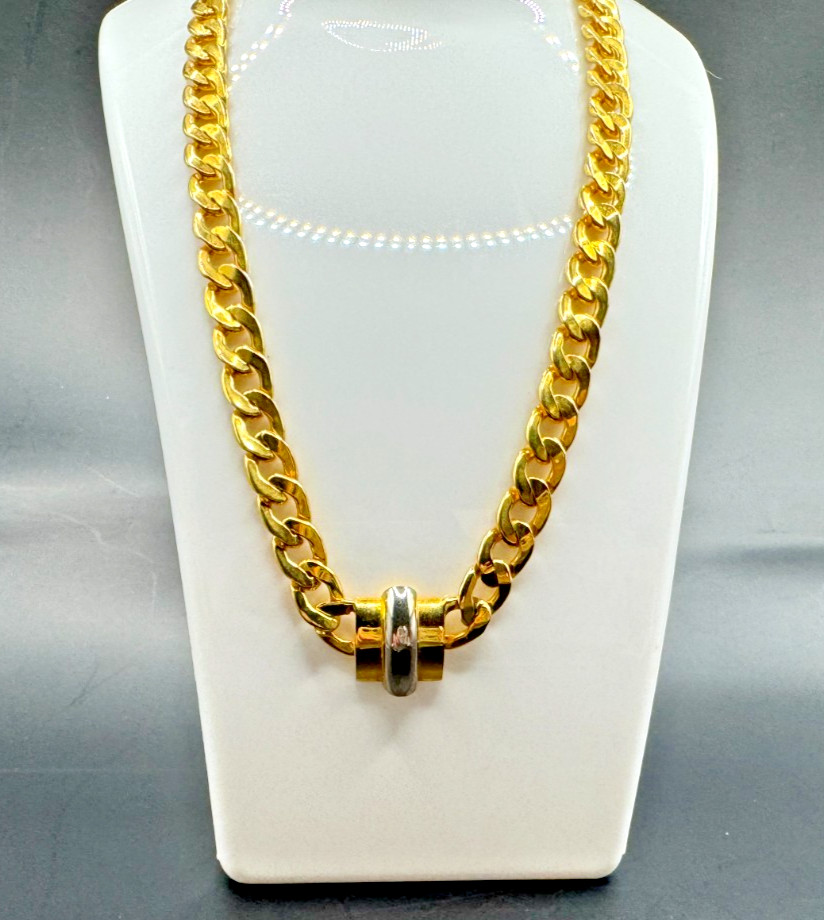 Vtg Valentino Garavani Italy Two-Tone Curb Chain Statement Necklace Couture 90s