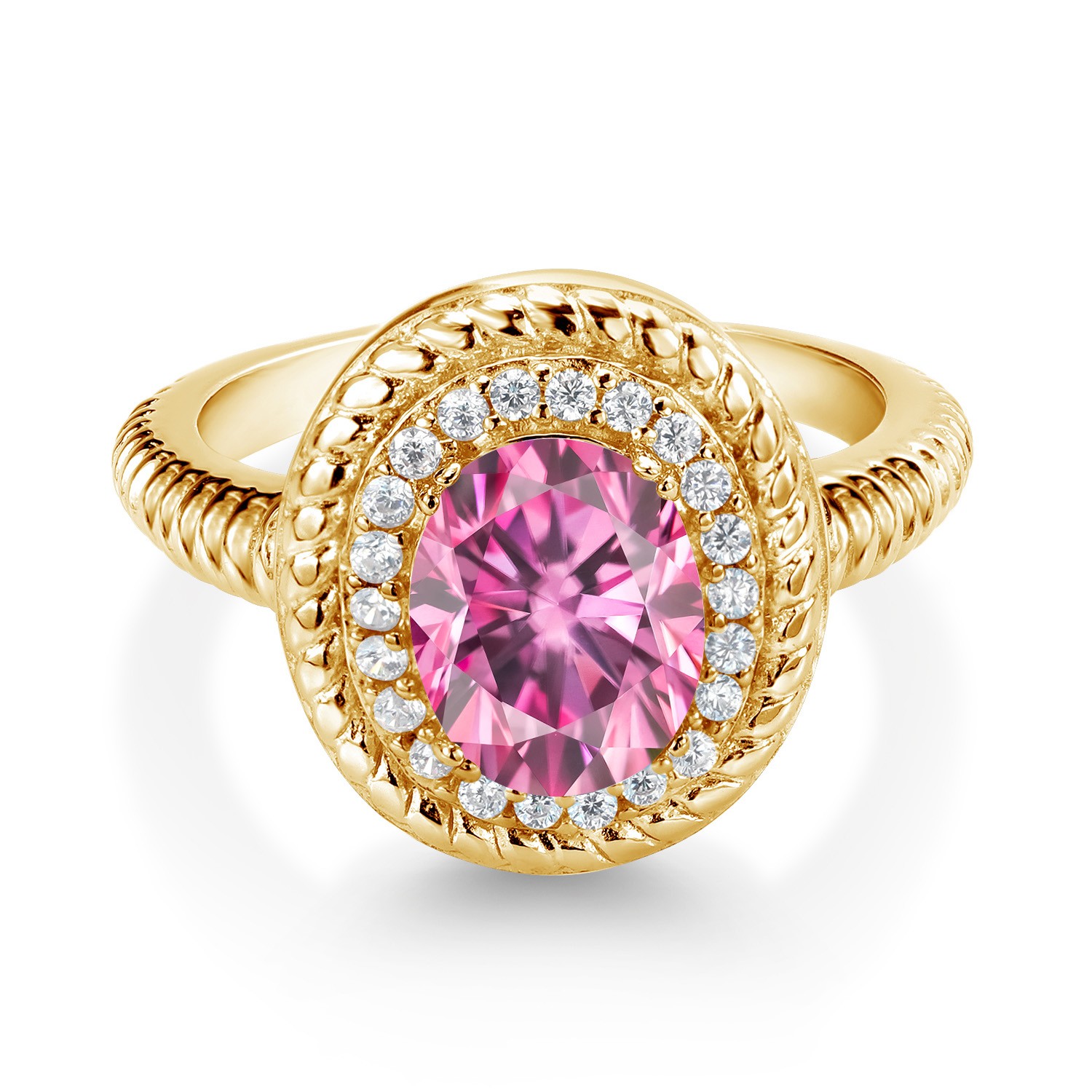 18K Yellow Gold Plated Silver Halo Ring Oval Pink Moissanite (2.26 Cttw)