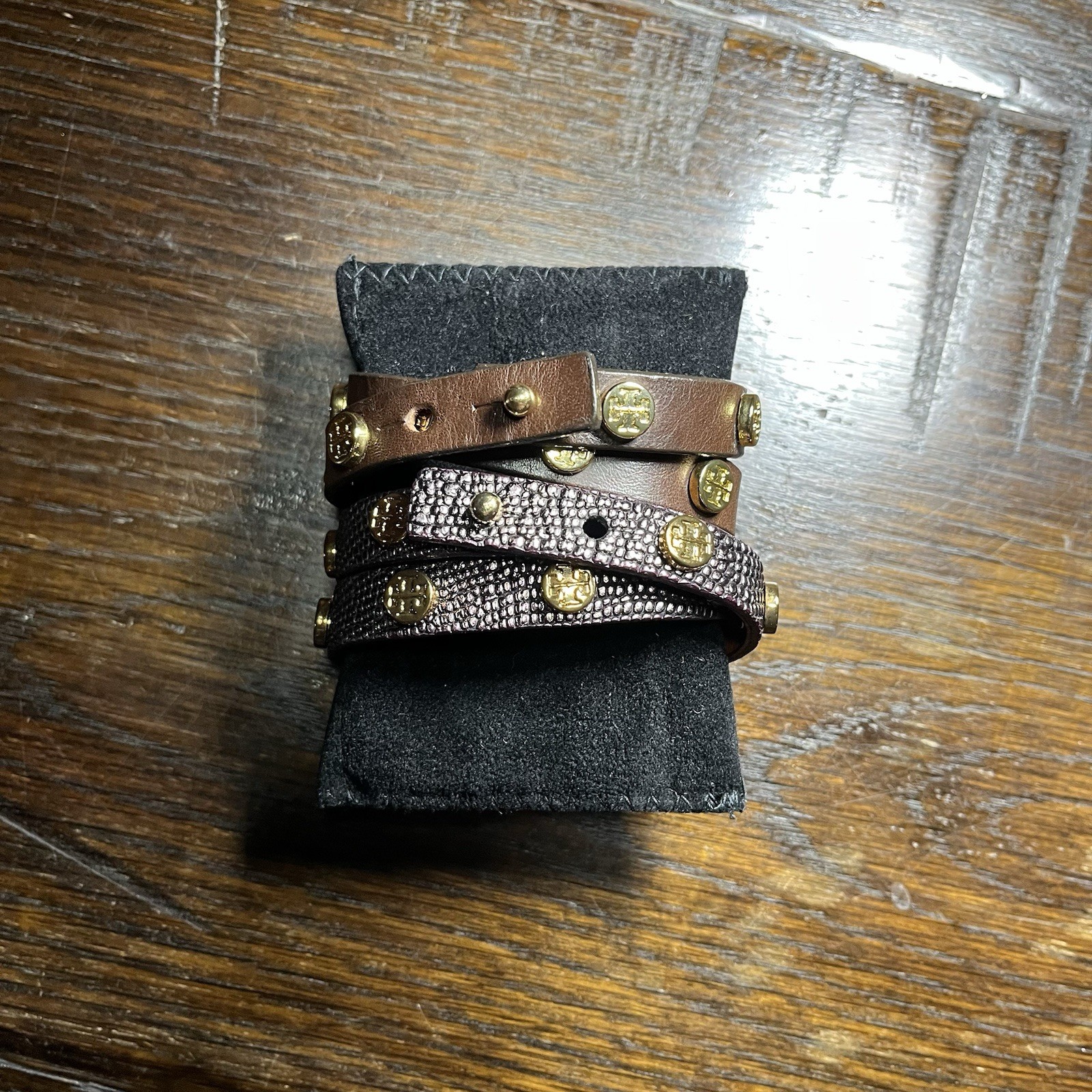 Tory Burch Bracelet Set of 2 Leather Double Wrap Logo Stud Adjustable USA Made