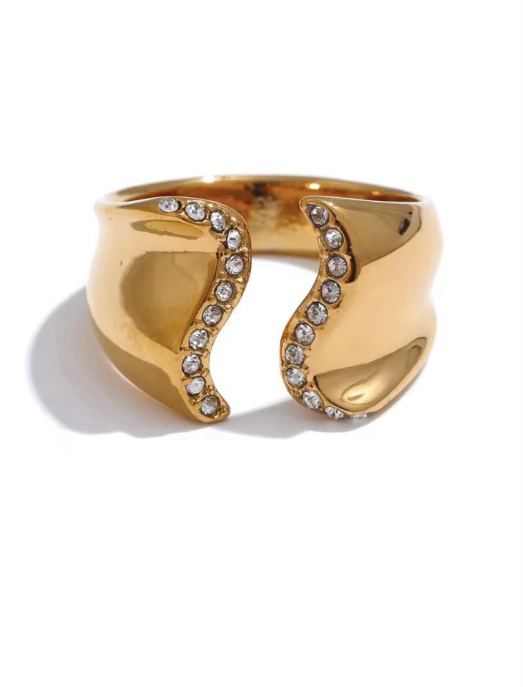 Sculptural Gold Ring Open 7 6 CZ Boho Sz Art Deco Nouveau Boho VTG Wave Crystal