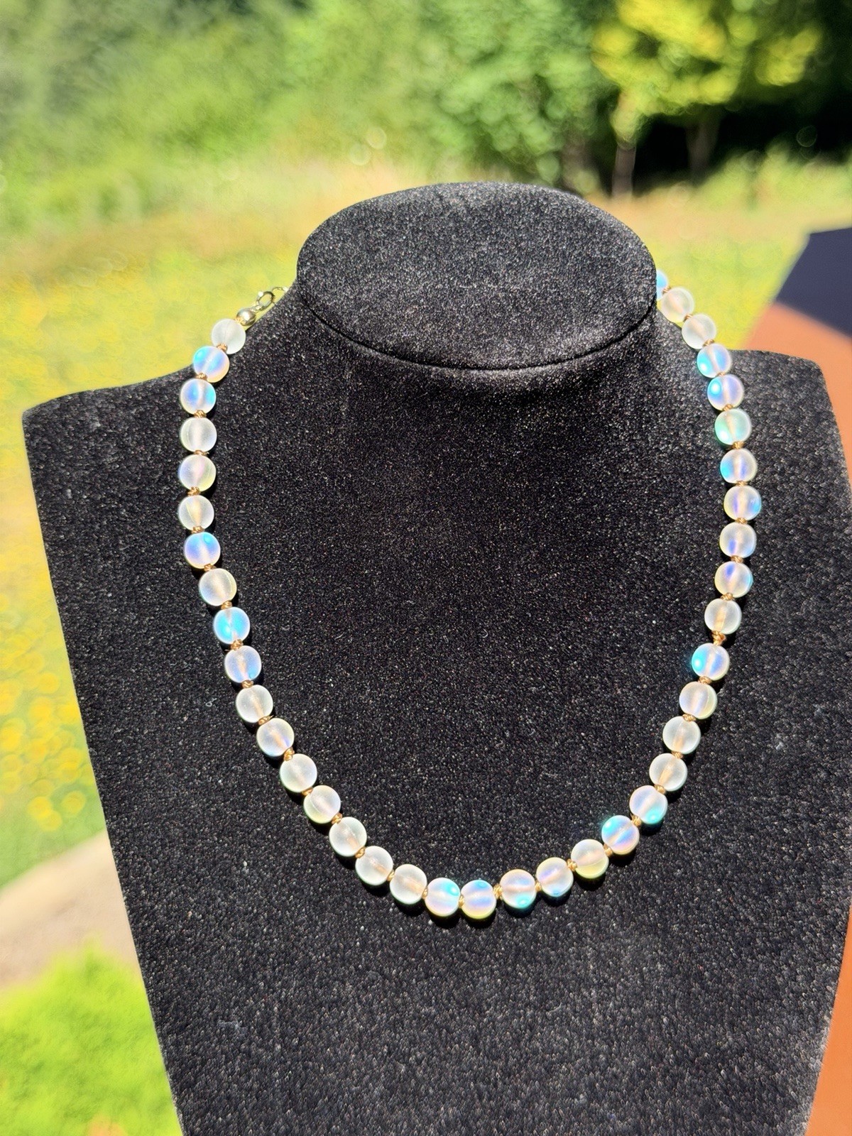 Opalite Aurora Borealis Iridescent Glass Bead Necklace. Gold Tone Accents – 16”