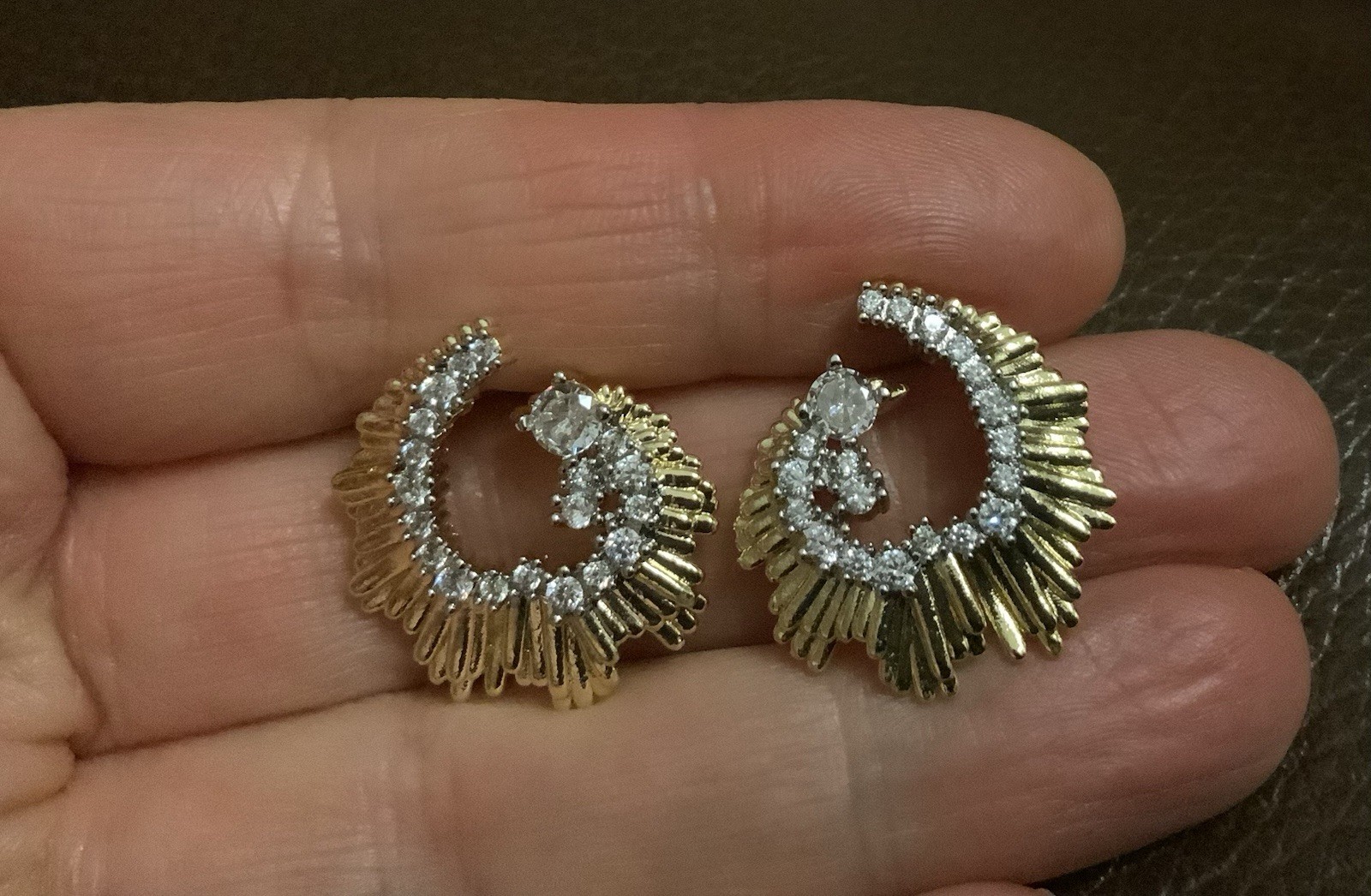 Art Deco Hoop Earrings Gold Solanales Molten Sunburst Boho Fan CZ Sculptural VTG