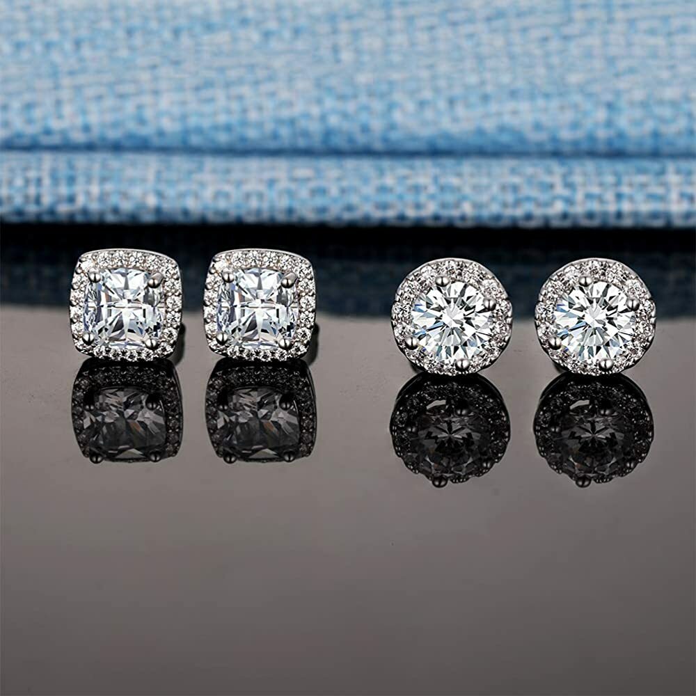 925 Sterling Silver Round Square Cubic Zirconia Halo Stud Earrings 2 Pair Set
