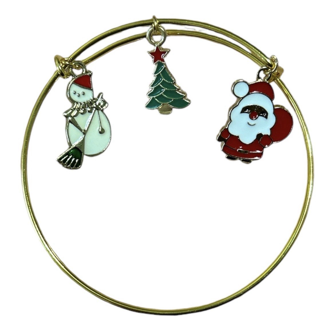 Gold Tone Christmas Charm Bangle Bracelet – Santa Snowman Tree Holiday
