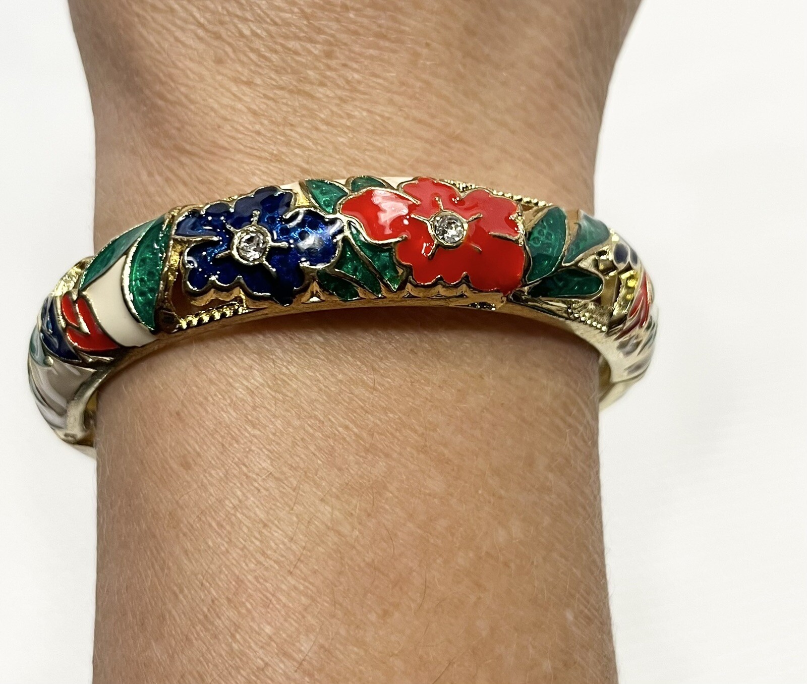 Holiday Bangle Enamel Bracelet Floral Christmas Red Green Blue White and Gold