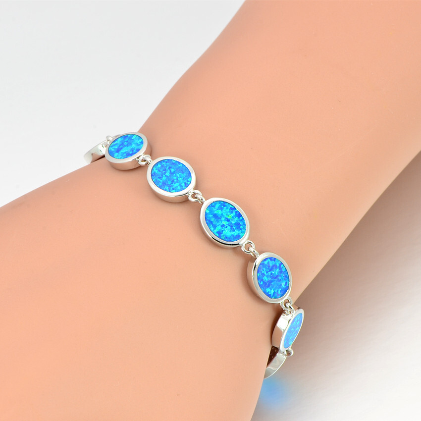Hawaii Blue/White/Orange/Pink Oval 925 Sterling Sliver Fire Opal Bracelet 18cm