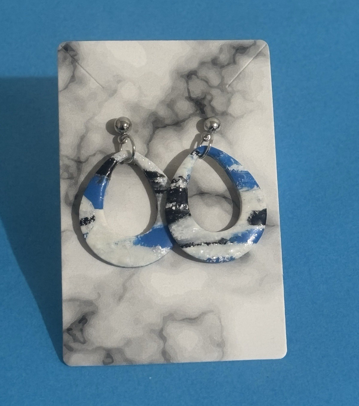 Handmade Blue White Black Teardrop Dangle Drop Earrings Silver Flakes