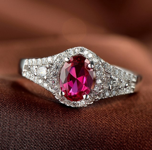 Rhodium Finish Sterling Silver Oval Lab-created Ruby CZ Adjustable Bang Ring K40