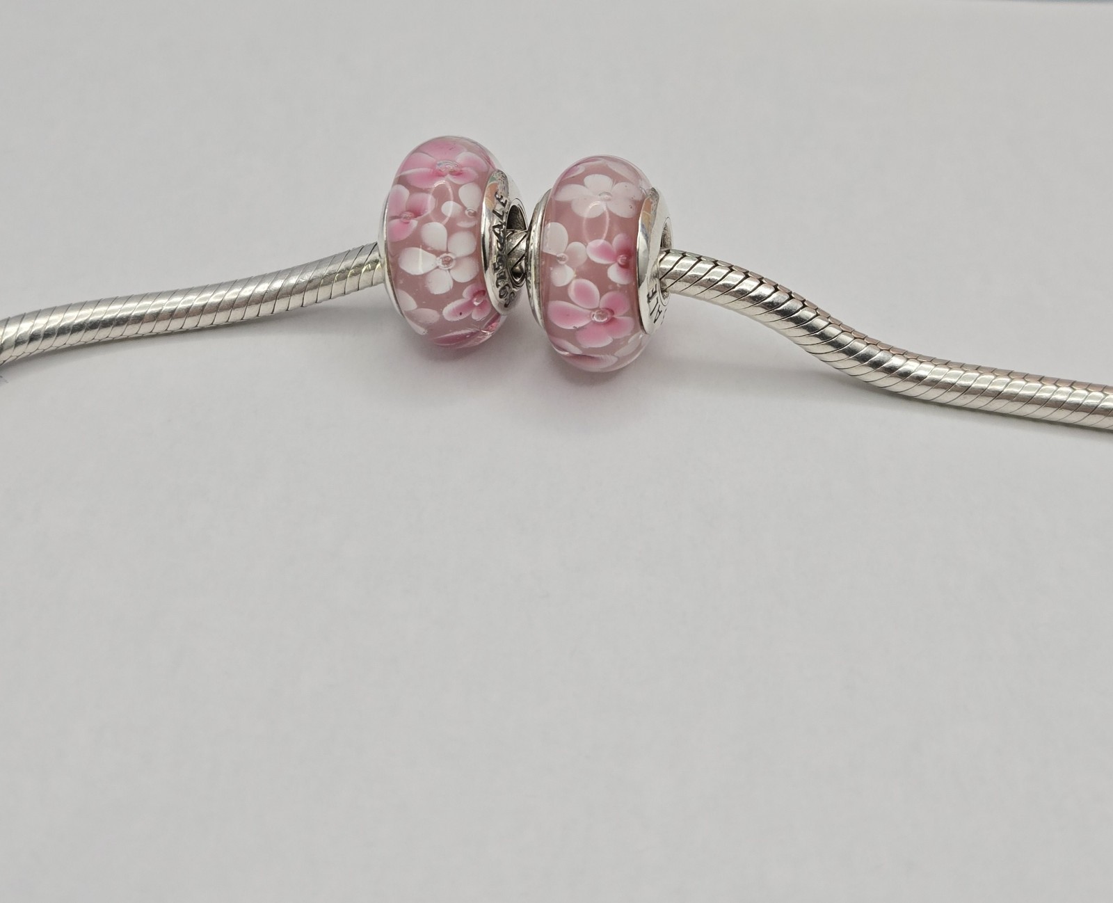Authentic Pandora Pair of pink flower delicate pink floral Charms Murano Glass