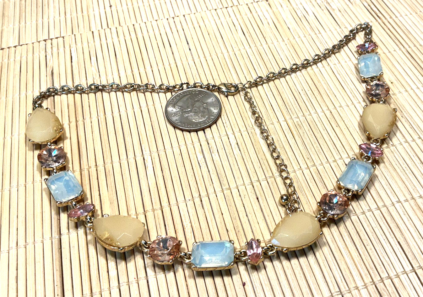 Fashion Necklace Gold Tone Opaline Pink Yellow Acrylic Rhinestone Lot 103D