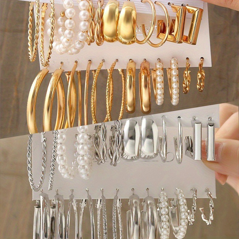24pairs Golden Silvery Imitation Pearl Circle Hoop Earrings Zinc Alloy Jewelry