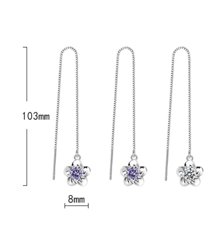 925 Sterling Silver Plated Plumeria CZ Flower Tassel Pull Threader Earrings TH1