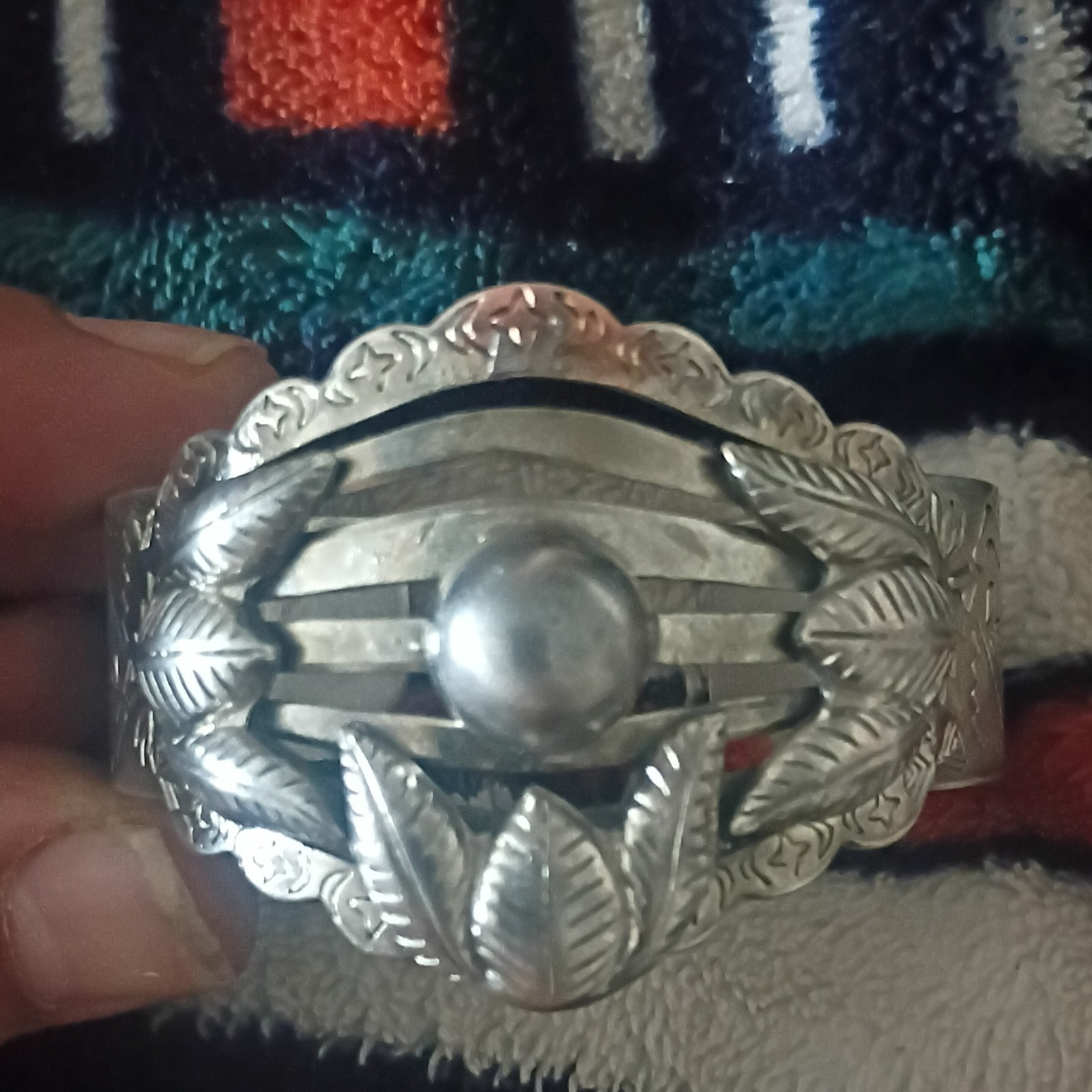 Crawford Silver Tone Etched Metal Cuff Bracelet Signed Marked “SANFORD”