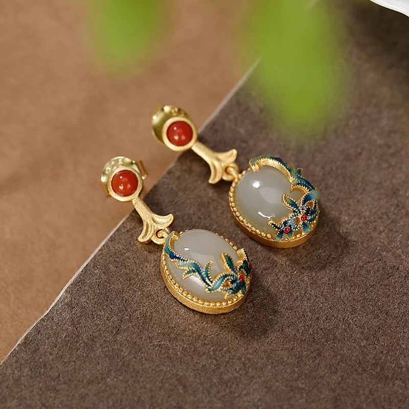 Cloisonne Set Inlaid Hetian Jade Chinese Ring Earring Bracelet Pendant Jewelry