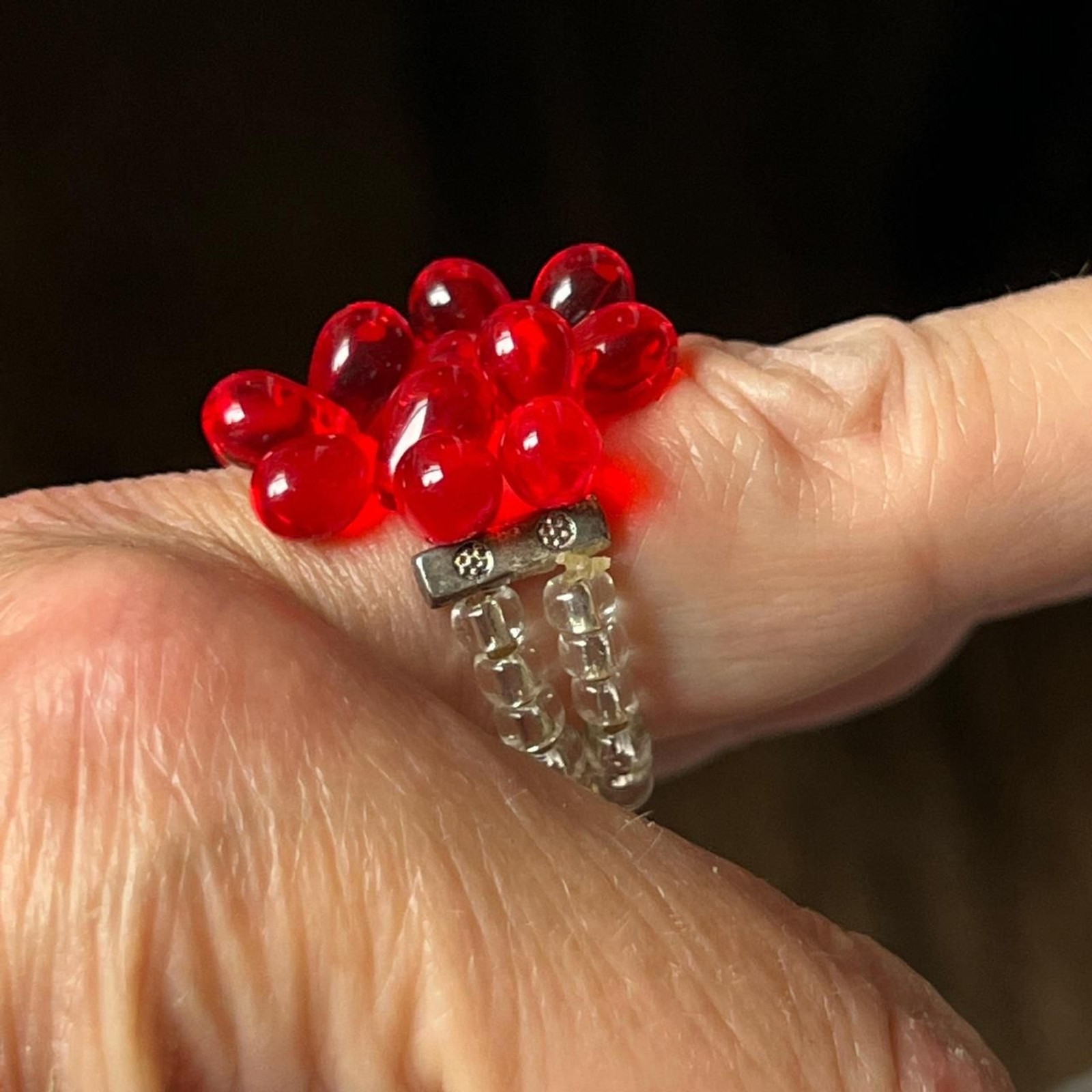 Fabulous Vintage Red Beaded Ring – Elasticated beaded around finger!