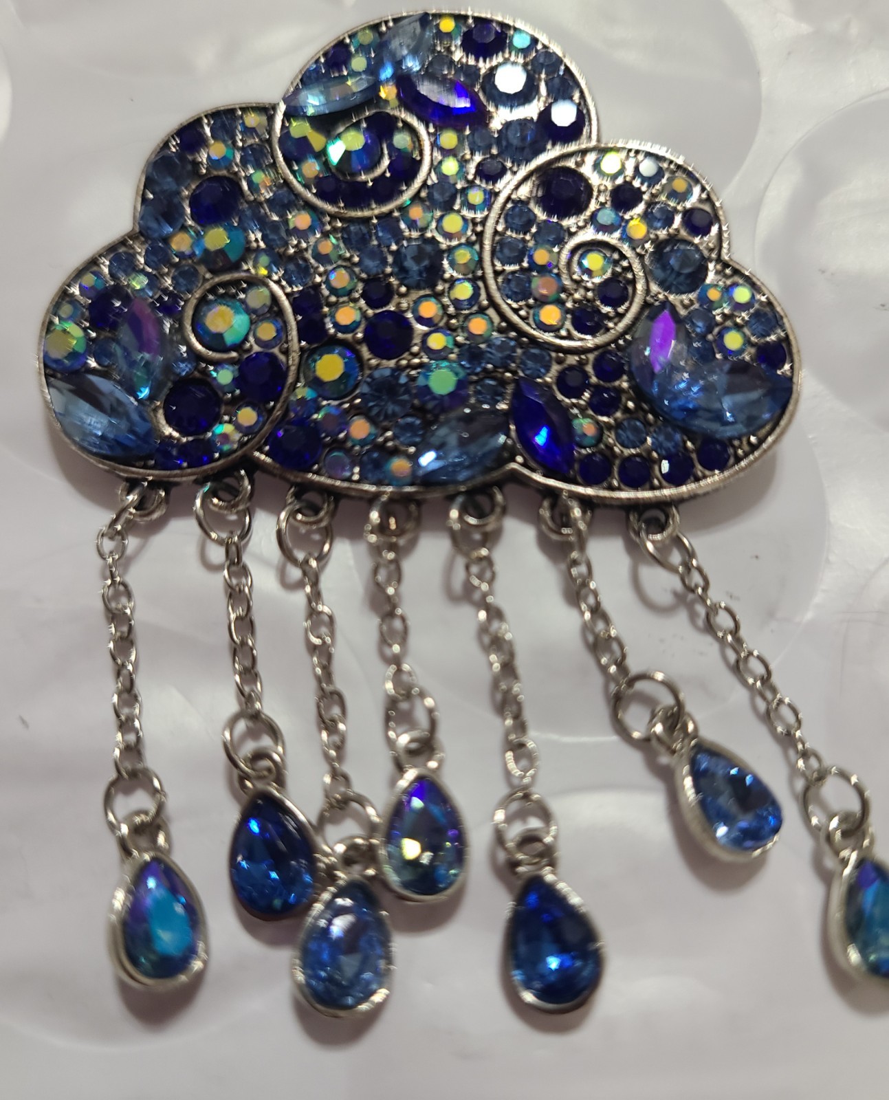 Silver Tone Cloud Brooch w/ Blue Crystal Rhinestones And Dangling Teardrops