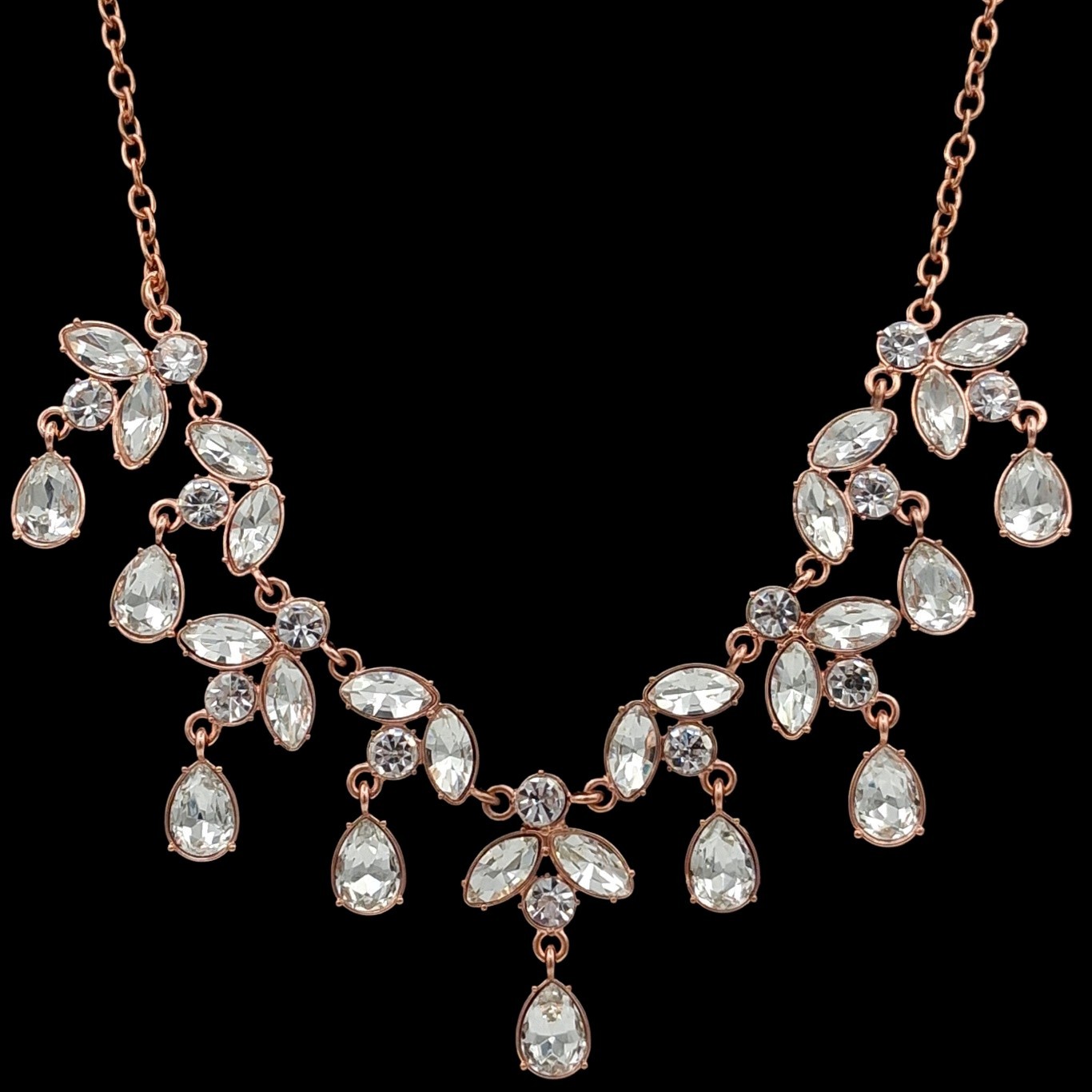 Rose Gold Tone Rhinestone Bib Necklace 18-20.5″ Statement Bridal