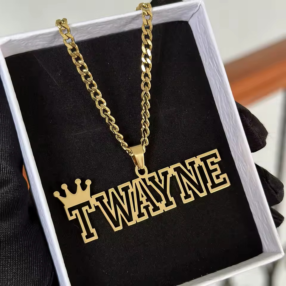 Custom Hollow Name Necklace Crown Pendant Jewelry Stainless Steel Cuban Chain
