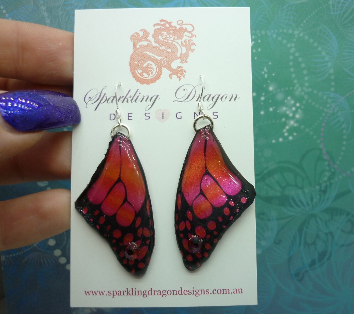 Butterfly Wing Earrings Swarovski Jeweled Red Pink & Orange – Fairy Jewellery,