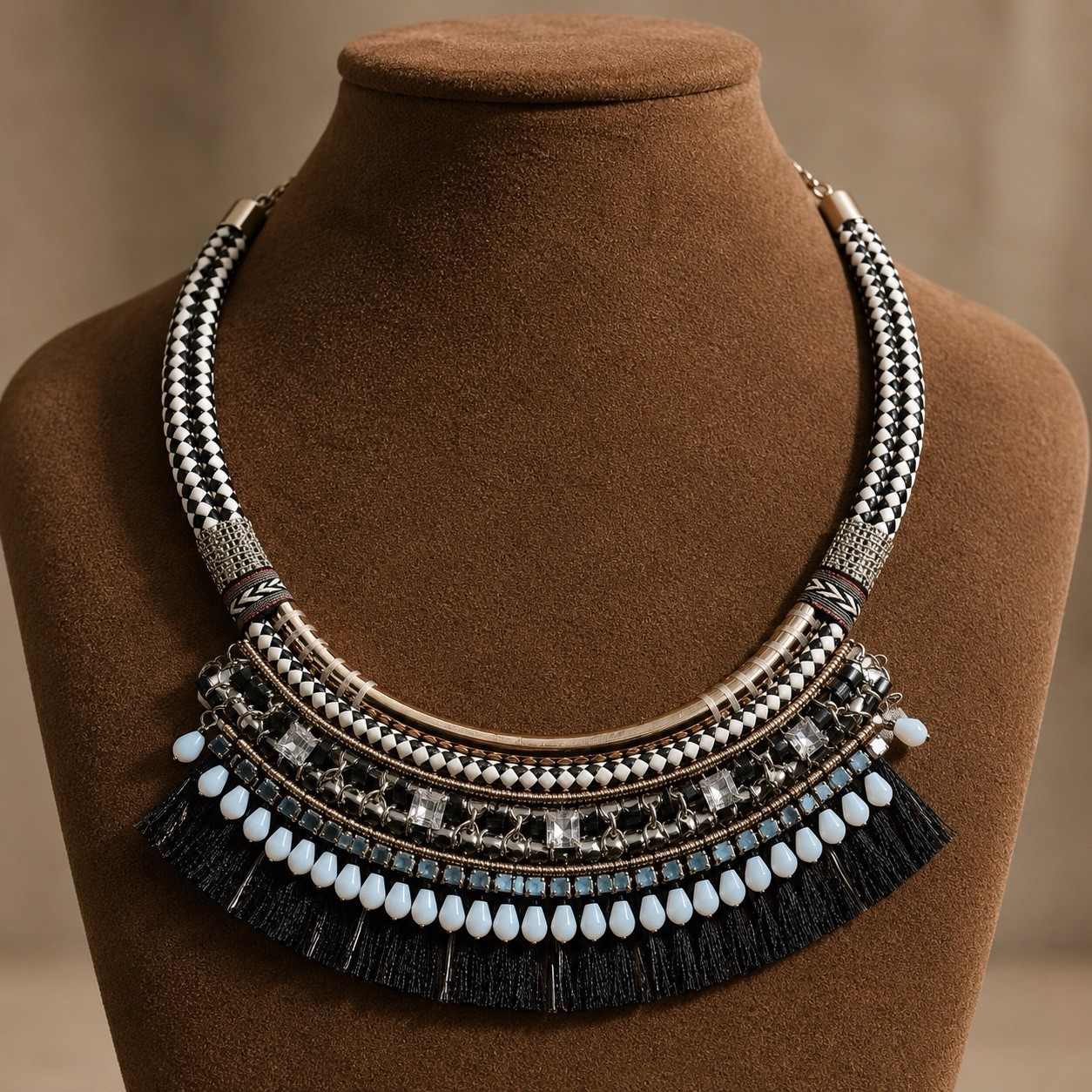 Chicos Bold Boho Necklace Tribal Style Bead and Fringe Layered Design Woven Cord