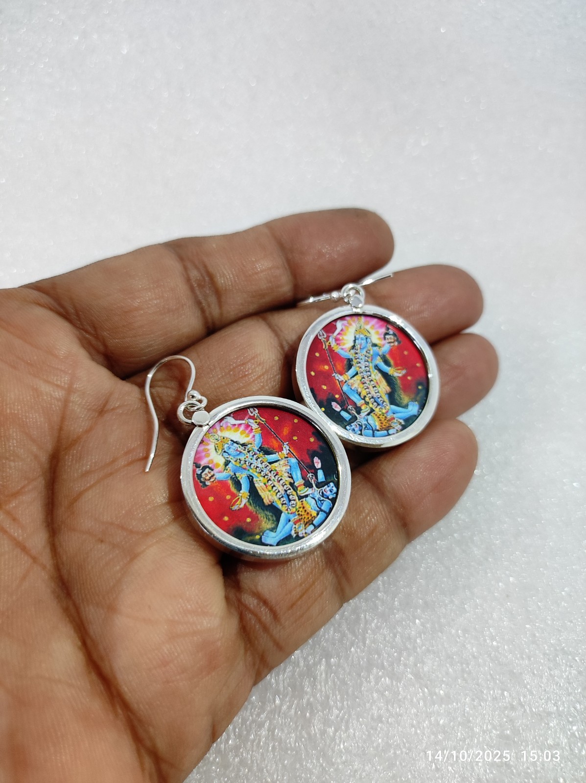 Handmade 92.5 Sterling Silver Glass Framed Goddess Kali Maa Light Weight Earring